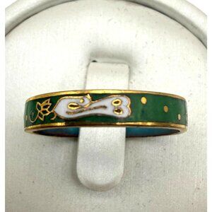 Vintage Green Cloisonné Enamel Band Ring Gold Tone Symbolic Design